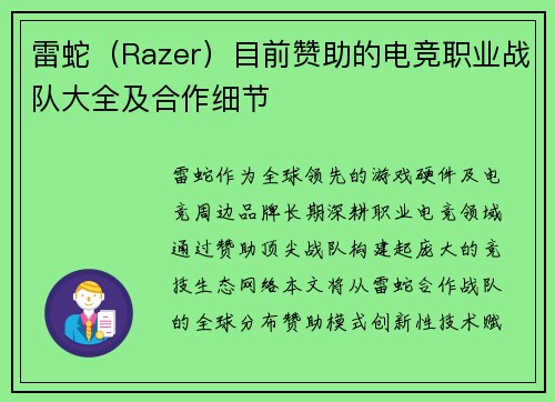 雷蛇（Razer）目前赞助的电竞职业战队大全及合作细节